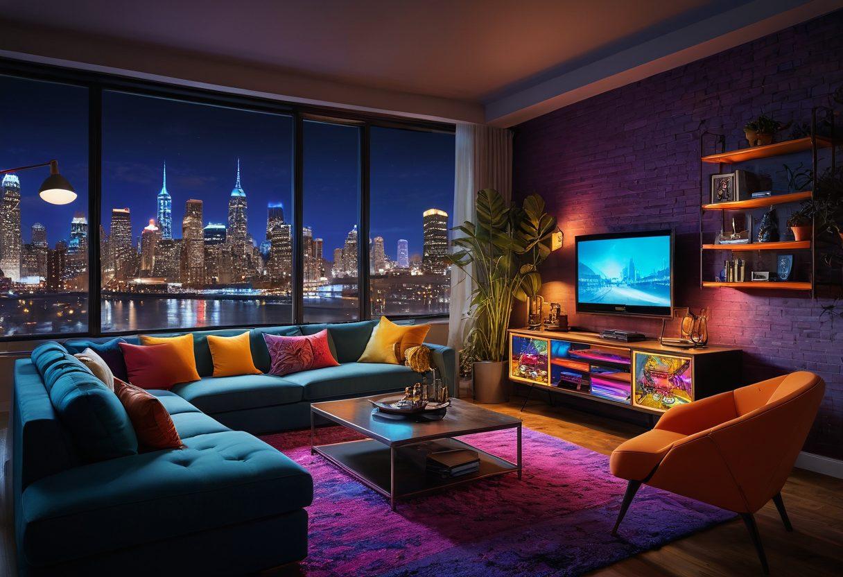 A dynamic urban scene featuring a cozy living room with a large flat-screen displaying vibrant adult cartoon art. The room is filled with eclectic furniture, stylish decor, and neon lights reflecting the city nightlife outside the window. Characters from various adult cartoons are playfully interacting in the space, merging fantasy and reality. The atmosphere should evoke a sense of diversity and contemporary culture. vibrant colors. super-realistic.