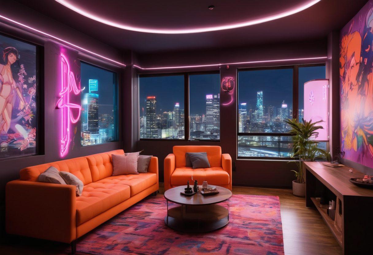A vibrant apartment scene blending urban living with elements of hentai anime art. The walls are adorned with colorful anime murals showcasing adult themes, while stylish furniture reflects modern design. Include a vibrant cityscape visible through large windows, with playful neon lights. Characters from hentai in dynamic poses are subtly integrated into the decor, enhancing the fusion of genres. artistic style: super-realistic. vibrant colors. contemporary setting.